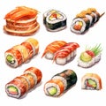 Realistic Watercolor Sushi Illustrations: Highly Detailed Yankeecore Art