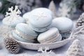 Variety of sweet macaroons. The branches of spruce on bokeh background. Modern european French cuisine. Christmas theme