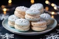 Variety of sweet macaroons. The branches of spruce on bokeh background. Modern european French cuisine. Christmas theme