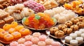variety of sweet treats: beans, candies, sugar, sesame, peanut brittle, and nuts.AI Generated