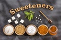Variety of sweeteners - Sugar, stevia leaves, pollen and honey