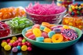 Variety Of Sweets Displayed, From Gummies To Chocolate Beans. Generative AI