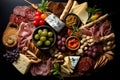 A variety of tasty snacks displayed on an elegant charcuterie board