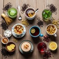 A variety of tea cups on a wooden surface showcase different types of tea Royalty Free Stock Photo