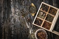 Variety of teas, mixes in copper dish, topview