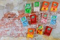 Variety of Tic Tac on the customer can purchase in mint boxes of packages on old wood background