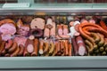 Variety of traditional european wurst, sausages, salamis and meats in a shop window