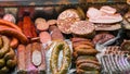 Variety of traditional european wurst, sausages, salamis and meats in a shop window