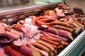 Variety of traditional european wurst, sausages, salamis and meats in a shop window