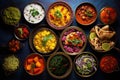 Variety traditional Indian dishes on the wooden table, selection of assorted spicy food, top view Royalty Free Stock Photo