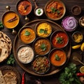 Variety traditional Indian dishes on the wooden table, selection of assorted spicy food Royalty Free Stock Photo