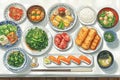 A variety of traditional Japanese dishes. Anime style illustration. Top view of food on a white wooden table - rice, salmon, Royalty Free Stock Photo