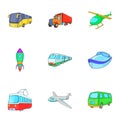 Variety of transport icons set, cartoon style