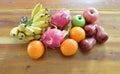 Variety tropical fruits on wooden table