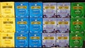 Variety of Twinings Tea 20g packs Russian, Irish, Earl grey on display in a grocery store.
