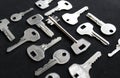 Variety types of metal keys laid out in order isolated on black angle view Royalty Free Stock Photo