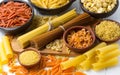 Variety of types and shapes of dry italian pasta Royalty Free Stock Photo