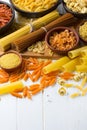 Variety of types and shapes of dry italian pasta Royalty Free Stock Photo