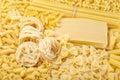 Variety of types and shapes of dry raw Italian pasta, such as penne, fusilli, farfalle, linguine, spaghetti, fettucine, macaroni, Royalty Free Stock Photo