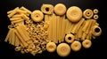 Variety of types and shapes of Italian pasta on a black background Generative AI