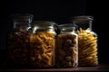 Variety of types and shapes of Italian pasta in glass jars. Generative AI Royalty Free Stock Photo