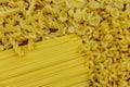 Variety of types and shapes of raw italian pasta Royalty Free Stock Photo