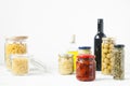 Variety of typical Italian food preserved in glass jars. Royalty Free Stock Photo