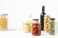 Variety of typical Italian food preserved in glass jars. Royalty Free Stock Photo