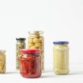 Variety of typical Italian food preserved in glass jars. Royalty Free Stock Photo