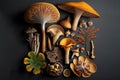 Variety of uncooked wild forest mushrooms. AI generated