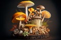 Variety of uncooked wild forest mushrooms. AI generated