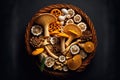 Variety of uncooked wild forest mushrooms in basket. AI generated