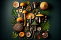 Variety of uncooked wild forest mushrooms. AI generated