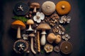 Variety of uncooked wild forest mushrooms. AI generated