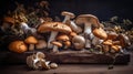 Variety of uncooked wild forest mushrooms. Generative ai