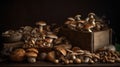 Variety of uncooked wild forest mushrooms on the table, black background. Generative ai