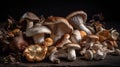 Variety of uncooked wild forest mushrooms on the table, black background. Generative ai
