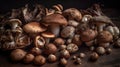 Variety of uncooked wild forest mushrooms yellow boletus, birch mushrooms, russules over dark textured background. Generative ai