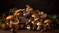 Variety of uncooked wild forest mushrooms yellow boletus, birch mushrooms, russules over dark textured background. generative ai