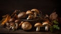 Variety of uncooked wild forest mushrooms yellow boletus, birch mushrooms, russules over dark background. Generative ai