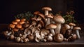 Variety of uncooked wild forest mushrooms yellow boletus, birch mushrooms, russules over dark textured background. Rustic style,