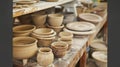 A variety of unique tools and equipment such as clay ters and potters ribs are tered around the studio for use during Royalty Free Stock Photo