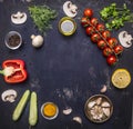 Variety of vegetables and fruits, Ingredients for cooking lined frame place for text, on wooden rustic background top view