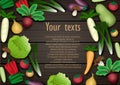 Variety vegetables with space and example Lorem Ipsum texts on dark wooden pattern background