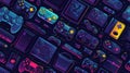 A variety of video game controllers are arranged in a colorful pattern AIG535