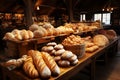 Variety of whole grain bread and buns, bakery with fresh baked pastry assortment