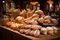 Variety of whole grain bread and buns, bakery with fresh baked pastry assortment