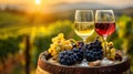 Variety of wine glasses displayed on wooden barrel against picturesque vineyard scene