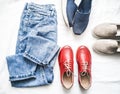 Variety of women`s fashion free walking style clothing and shoes - moms jeans, slipons, espadrilles, leather shoes on a light Royalty Free Stock Photo