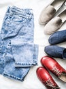Variety of women`s fashion free walking style clothing and shoes - moms jeans, slipons, espadrilles, leather shoes on a light Royalty Free Stock Photo